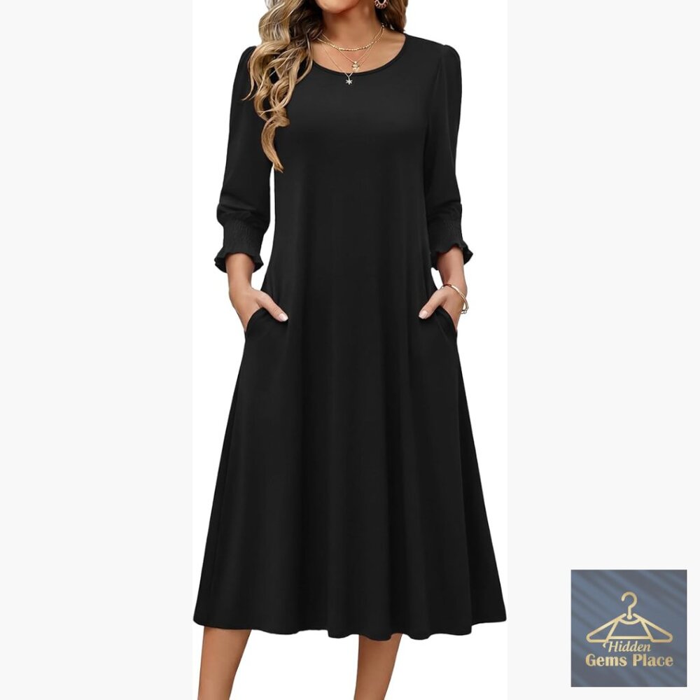 Floral Midi Dress With Pockets, 3/4 Sleeve, Loose Fit, Polyester Spandex